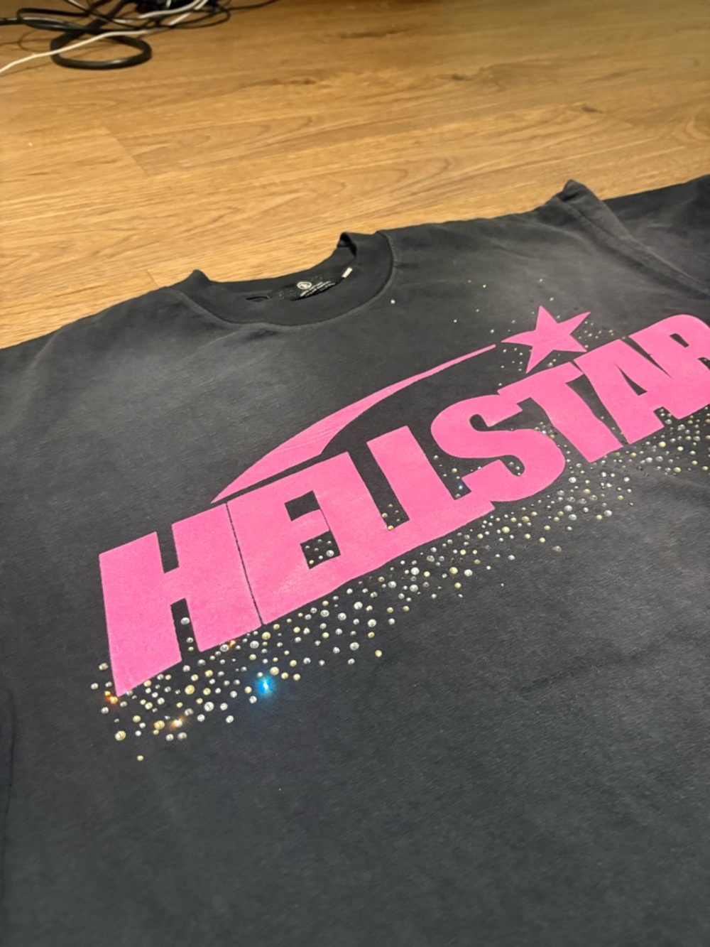 Black Hellstar Rhinestone Tee With Pink Lettering - Picture 2 of 5